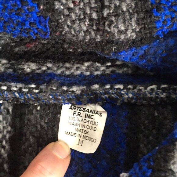 Artesanias Baja Mexican Blanket Pullover Poncho Hoodie Surfer Blue Drug Rug Sz M - Picture 10 of 10